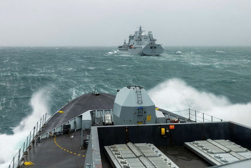 A Royal Fleet Auxiliary tide-class replenishment tanker conducts replenishment at sea operations. (Photo: UK Ministry of Defence)